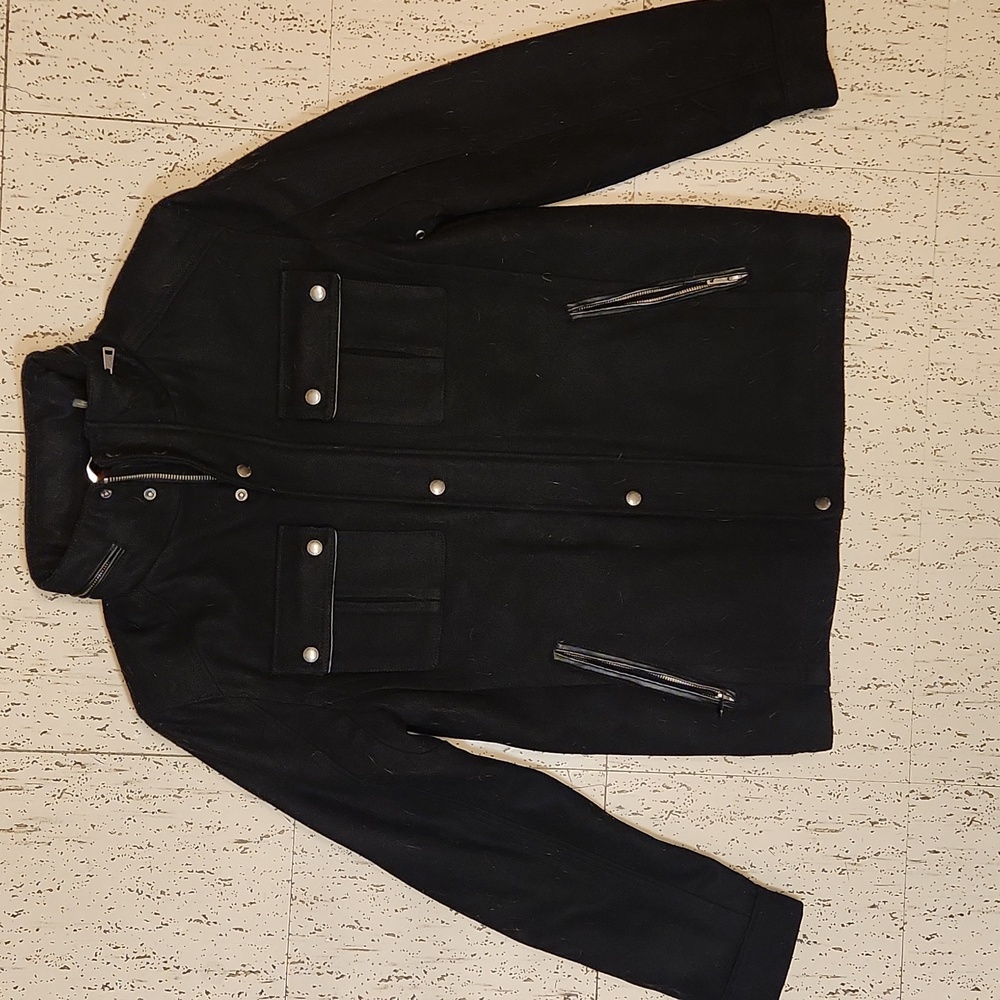 Cole Haan Melton Wool Stand Collar Full Zip Button Down Coat With Packable Hood